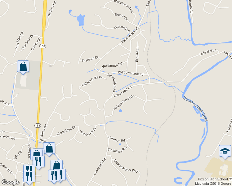 map of restaurants, bars, coffee shops, grocery stores, and more near 1005 Lower Mill Road in Chattanooga