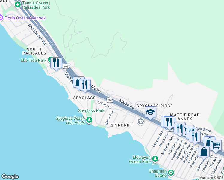 map of restaurants, bars, coffee shops, grocery stores, and more near 106 Calle Corea in Pismo Beach
