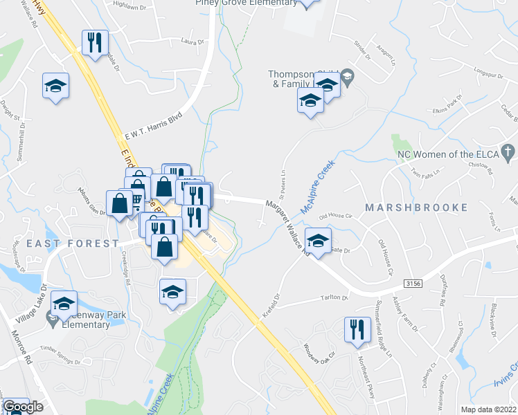 map of restaurants, bars, coffee shops, grocery stores, and more near 2352 Margaret Wallace Road in Matthews