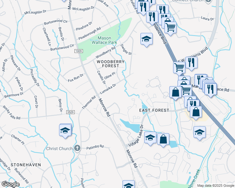 map of restaurants, bars, coffee shops, grocery stores, and more near 1711 Chasewood Drive in Charlotte