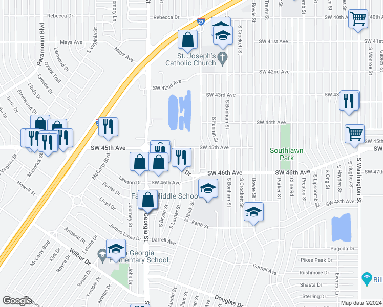 map of restaurants, bars, coffee shops, grocery stores, and more near 4506 Ida Louise Court in Amarillo