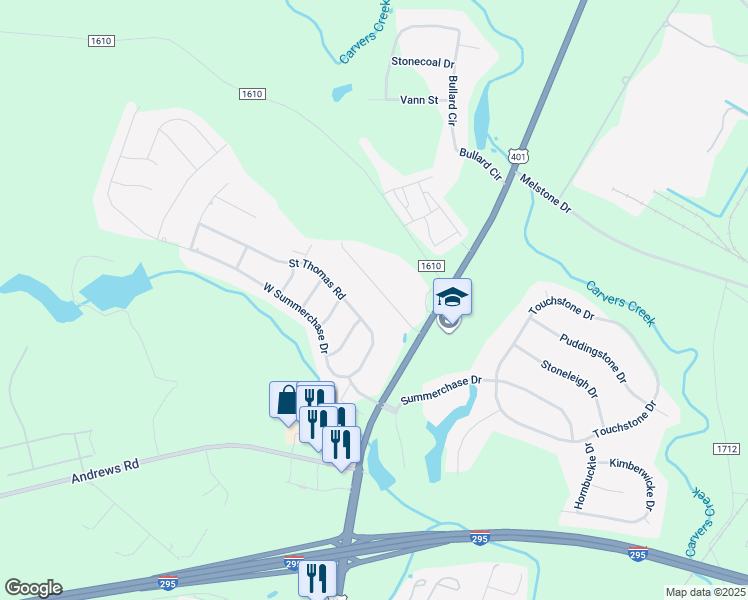 map of restaurants, bars, coffee shops, grocery stores, and more near 161 Nandina Court in Fayetteville