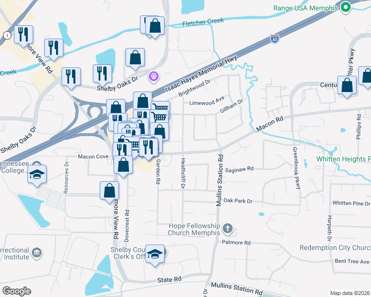 map of restaurants, bars, coffee shops, grocery stores, and more near 6303 Macon Road in Memphis