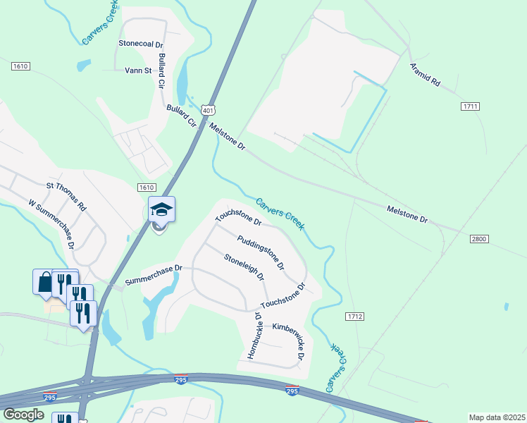map of restaurants, bars, coffee shops, grocery stores, and more near 6357 Touchstone Drive in Fayetteville