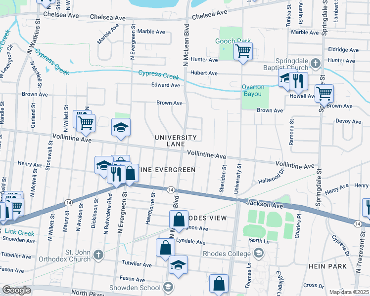 map of restaurants, bars, coffee shops, grocery stores, and more near 934 North McLean Boulevard in Memphis