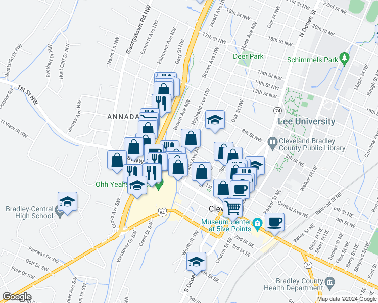 map of restaurants, bars, coffee shops, grocery stores, and more near 563 Central Avenue Northwest in Cleveland