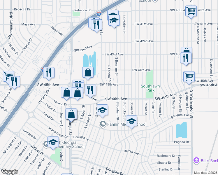 map of restaurants, bars, coffee shops, grocery stores, and more near 4432 South Fannin Street in Amarillo