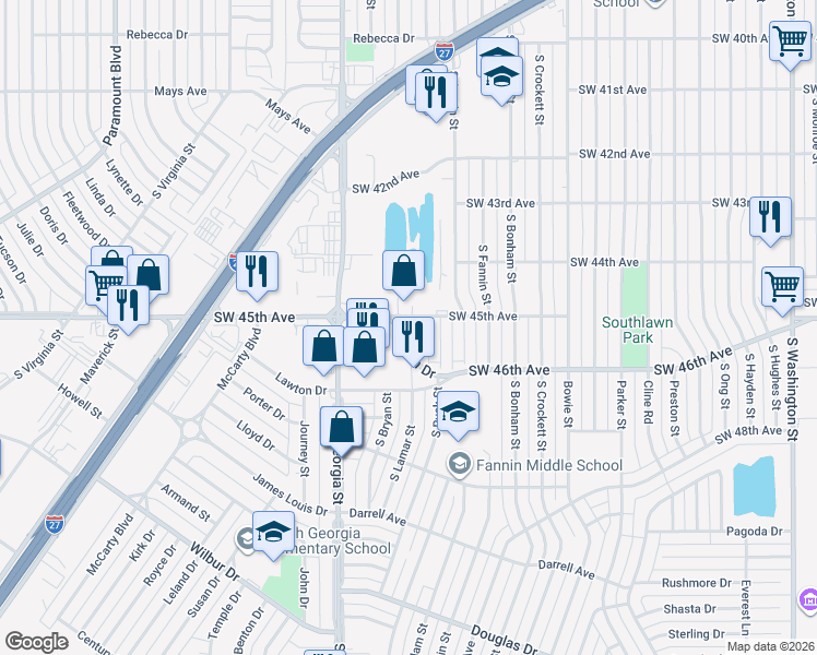 map of restaurants, bars, coffee shops, grocery stores, and more near 2418 Hardin Drive in Amarillo