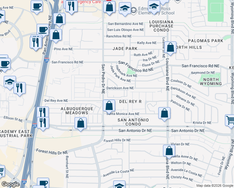 map of restaurants, bars, coffee shops, grocery stores, and more near 99999 San Pedro Drive Northeast in Albuquerque