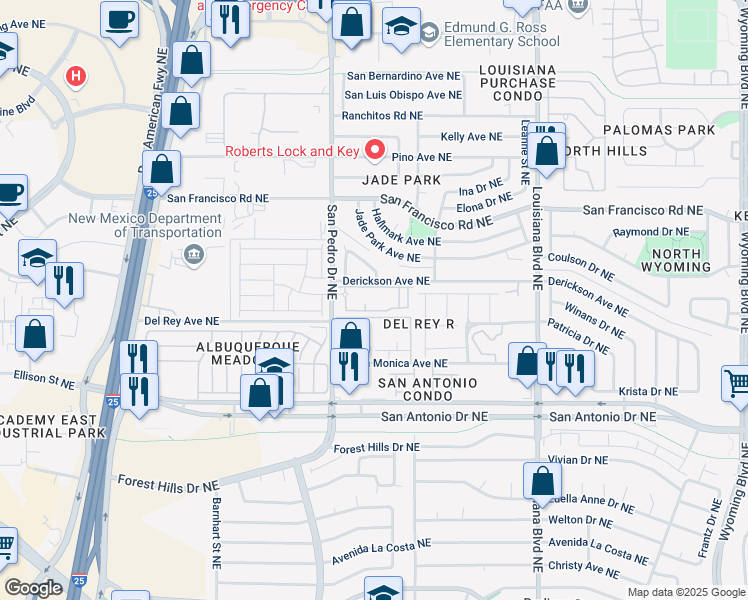 map of restaurants, bars, coffee shops, grocery stores, and more near 99999 San Pedro Drive Northeast in Albuquerque