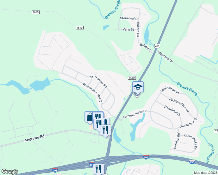 map of restaurants, bars, coffee shops, grocery stores, and more near 6414 Walworth Road in Fayetteville