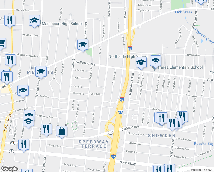 map of restaurants, bars, coffee shops, grocery stores, and more near 874 Breedlove Street in Memphis