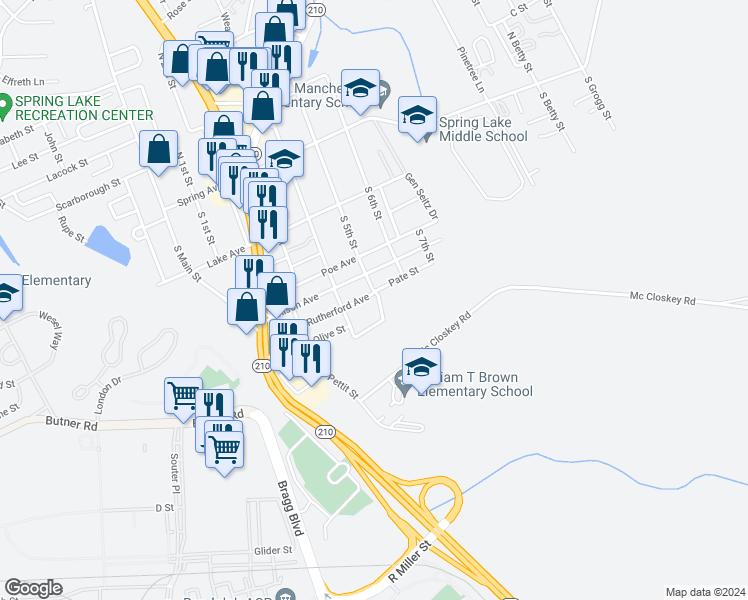 map of restaurants, bars, coffee shops, grocery stores, and more near 410 Rutherford Street in Spring Lake