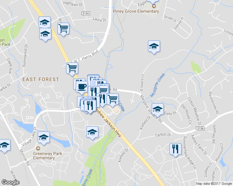 map of restaurants, bars, coffee shops, grocery stores, and more near 2300 Margaret Wallace Road in Matthews