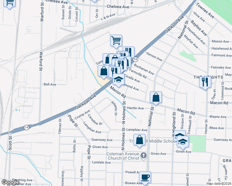 map of restaurants, bars, coffee shops, grocery stores, and more near 1112 Atlantic Street in Memphis