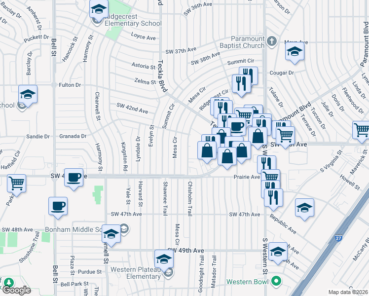 map of restaurants, bars, coffee shops, grocery stores, and more near 4452 Ridgecrest Circle in Amarillo