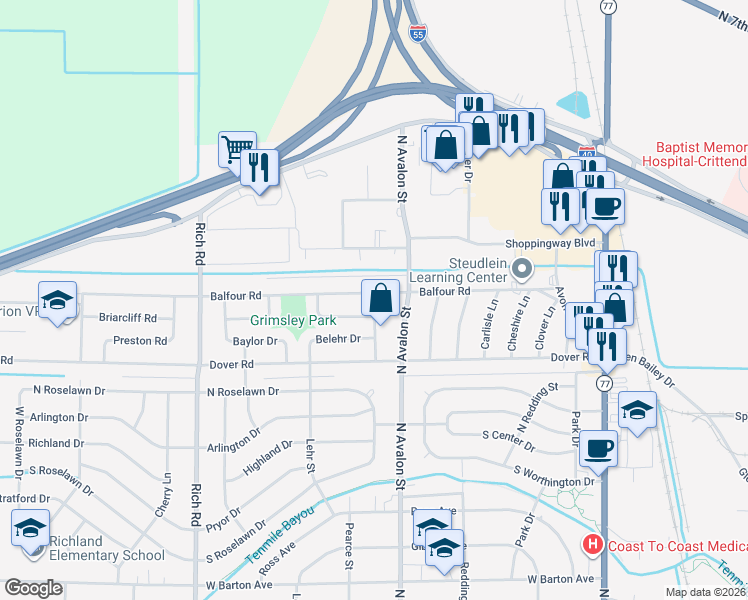 map of restaurants, bars, coffee shops, grocery stores, and more near 501 Belvedere Drive in West Memphis