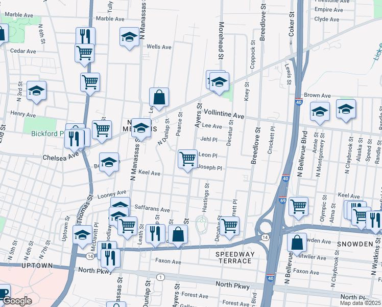 map of restaurants, bars, coffee shops, grocery stores, and more near 922 Joseph Place in Memphis