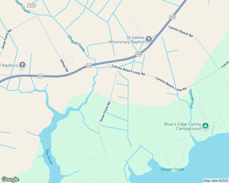 map of restaurants, bars, coffee shops, grocery stores, and more near 185 Longview Road in Bayboro