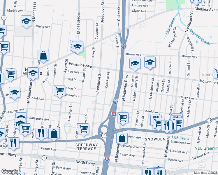 map of restaurants, bars, coffee shops, grocery stores, and more near 854 Crockett Place in Memphis