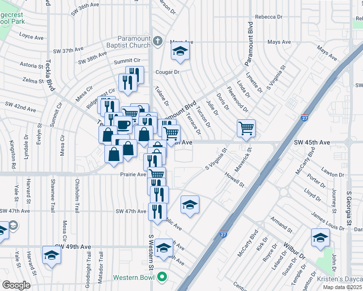 map of restaurants, bars, coffee shops, grocery stores, and more near 4107 Southwest 45th Avenue in Amarillo