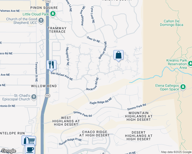 map of restaurants, bars, coffee shops, grocery stores, and more near 1242 Rockrose Road Northeast in Albuquerque