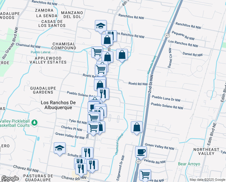 map of restaurants, bars, coffee shops, grocery stores, and more near 341 Pueblo Solano Road Northwest in Los Ranchos de Albuquerque