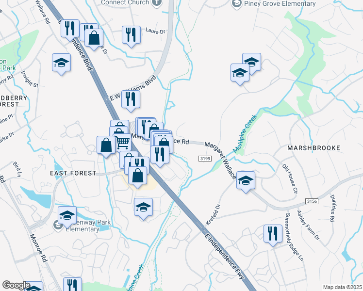 map of restaurants, bars, coffee shops, grocery stores, and more near 2300 Margaret Wallace Road in Matthews