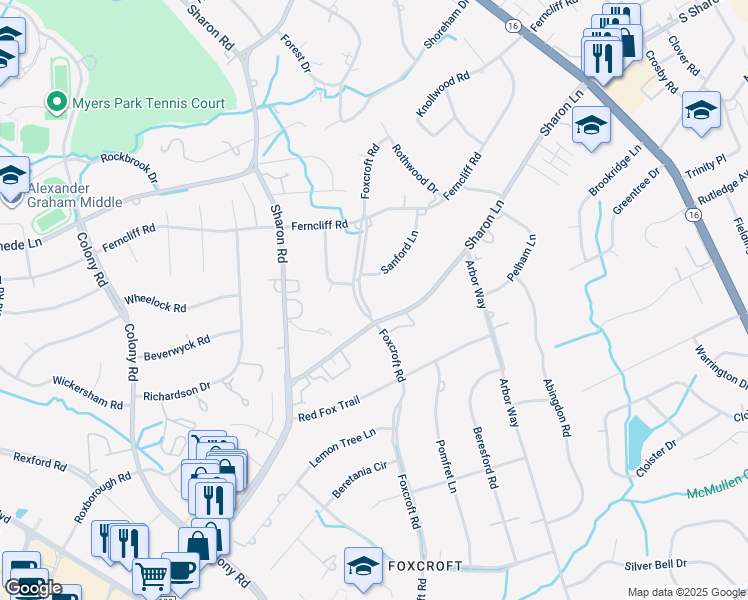 map of restaurants, bars, coffee shops, grocery stores, and more near 2270 Sharon Lane in Charlotte