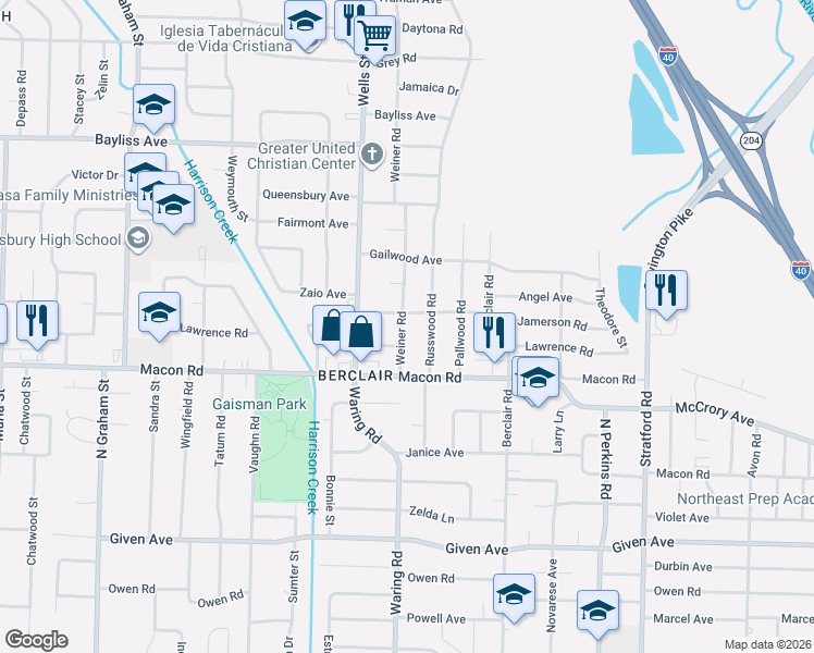 map of restaurants, bars, coffee shops, grocery stores, and more near 4341 Lawrence Road in Memphis