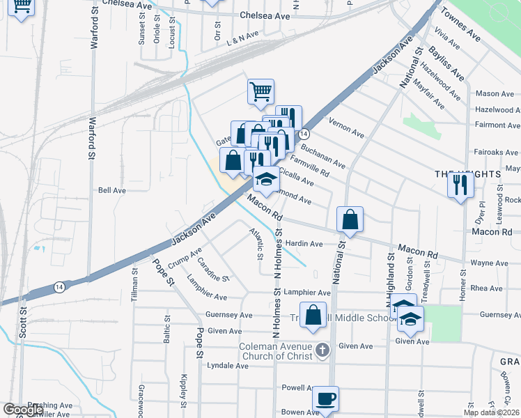 map of restaurants, bars, coffee shops, grocery stores, and more near 1112 Atlantic Street in Memphis