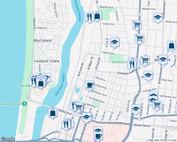 map of restaurants, bars, coffee shops, grocery stores, and more near 103 Keel Avenue in Memphis