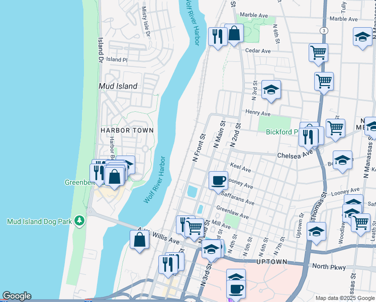 map of restaurants, bars, coffee shops, grocery stores, and more near 47 Keel Avenue in Memphis