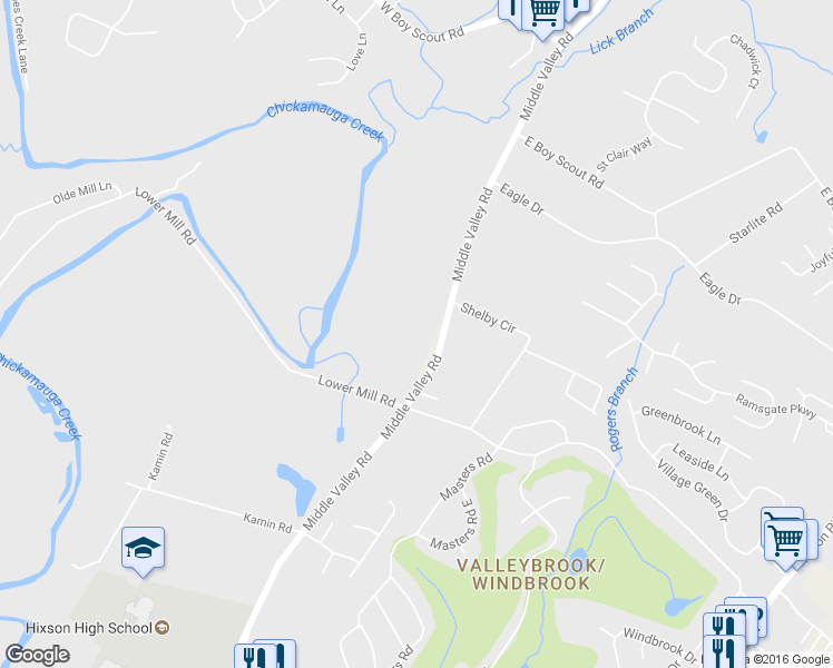 map of restaurants, bars, coffee shops, grocery stores, and more near 6509 Middle Valley Road in Hamilton County