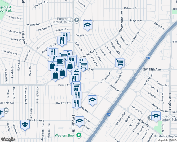map of restaurants, bars, coffee shops, grocery stores, and more near 4107 Southwest 45th Avenue in Amarillo