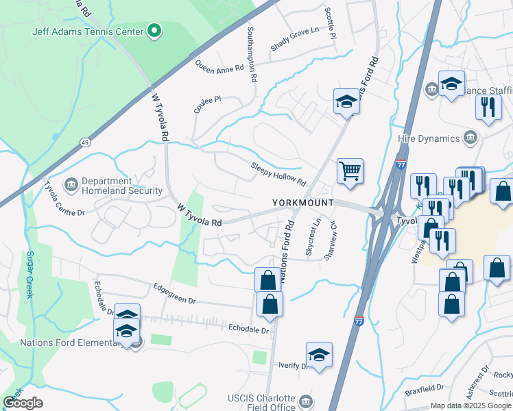 map of restaurants, bars, coffee shops, grocery stores, and more near 132 West Tyvola Road in Charlotte