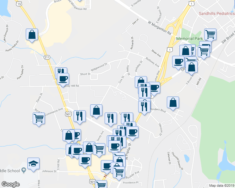 map of restaurants, bars, coffee shops, grocery stores, and more near 190 Murray Hill Road in Southern Pines