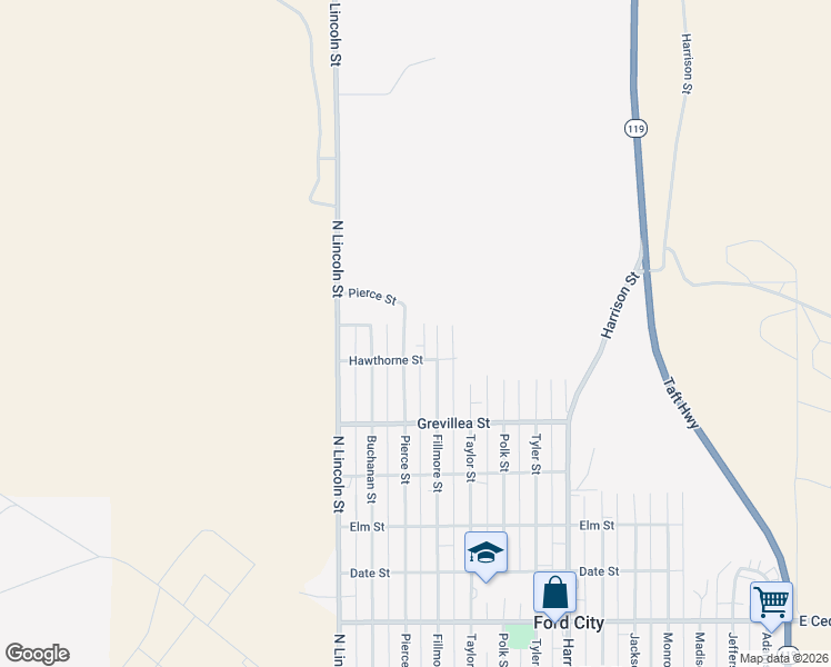 map of restaurants, bars, coffee shops, grocery stores, and more near 801 Pierce Street in Taft