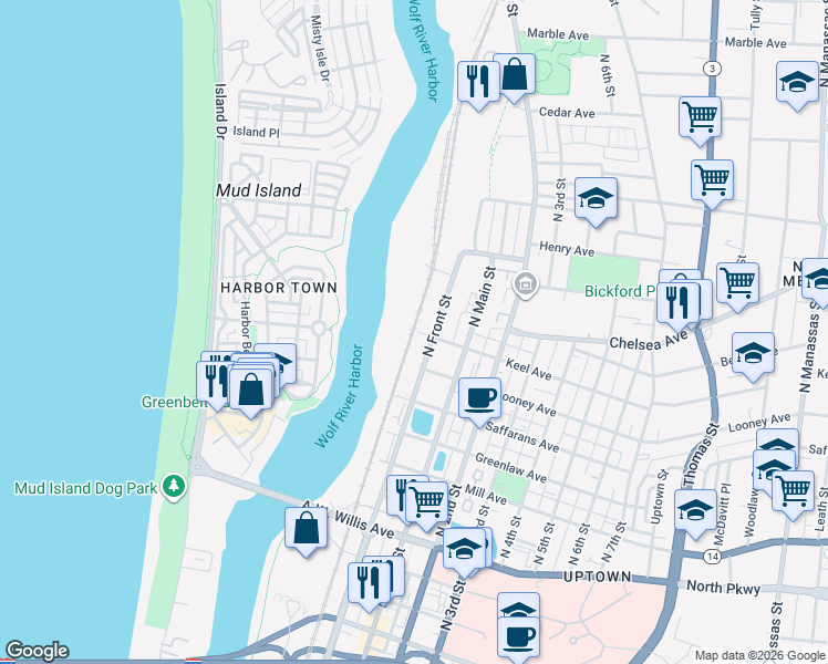 map of restaurants, bars, coffee shops, grocery stores, and more near 47 Keel Avenue in Memphis