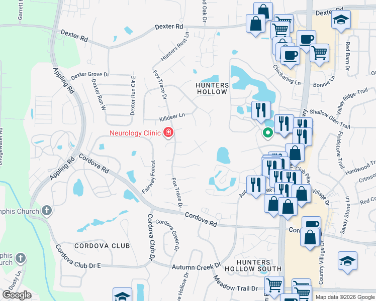 map of restaurants, bars, coffee shops, grocery stores, and more near 7790 Hawkcrest Drive in Memphis