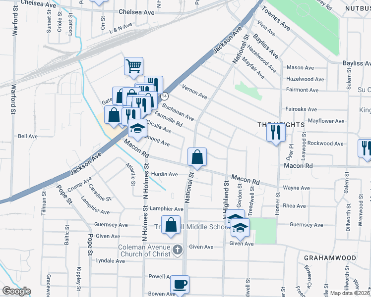 map of restaurants, bars, coffee shops, grocery stores, and more near 3388 Macon Road in Memphis