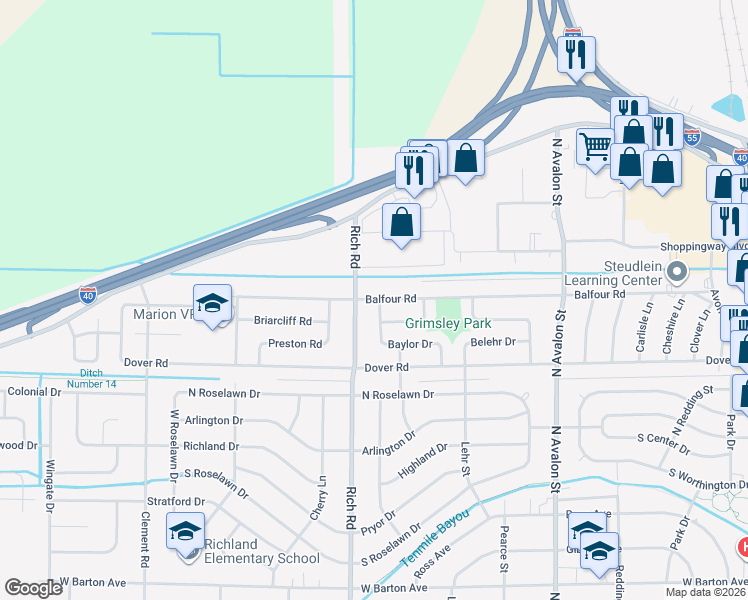 map of restaurants, bars, coffee shops, grocery stores, and more near 709 Balfour Road in West Memphis