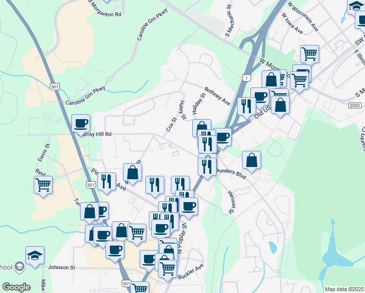 map of restaurants, bars, coffee shops, grocery stores, and more near 135 Murray Hill Road in Southern Pines