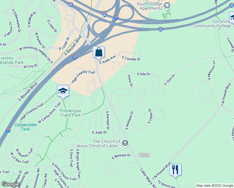 map of restaurants, bars, coffee shops, grocery stores, and more near 300 East Papago Drive in Flagstaff