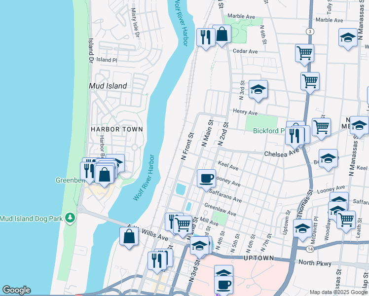 map of restaurants, bars, coffee shops, grocery stores, and more near 711 North Front Street in Memphis