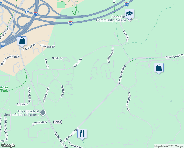 map of restaurants, bars, coffee shops, grocery stores, and more near 3289 South Burgess Lane in Flagstaff