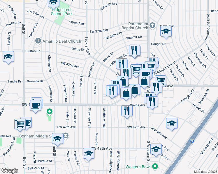 map of restaurants, bars, coffee shops, grocery stores, and more near 4421 Ridgecrest Circle in Amarillo