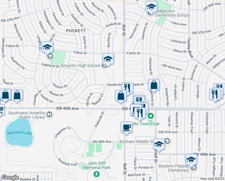 map of restaurants, bars, coffee shops, grocery stores, and more near 4402 Bell Street in Amarillo