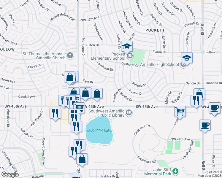 map of restaurants, bars, coffee shops, grocery stores, and more near 4329 Alicia Drive in Amarillo