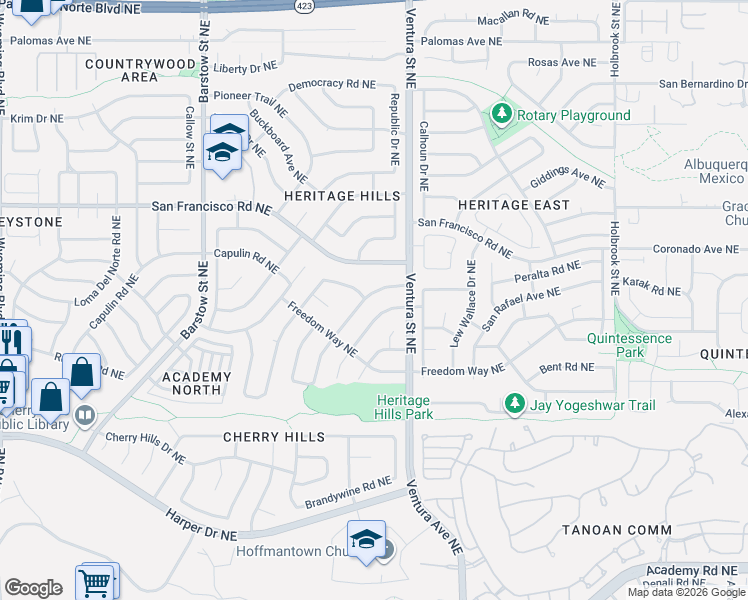 map of restaurants, bars, coffee shops, grocery stores, and more near 7330 Yorktown Avenue in Albuquerque